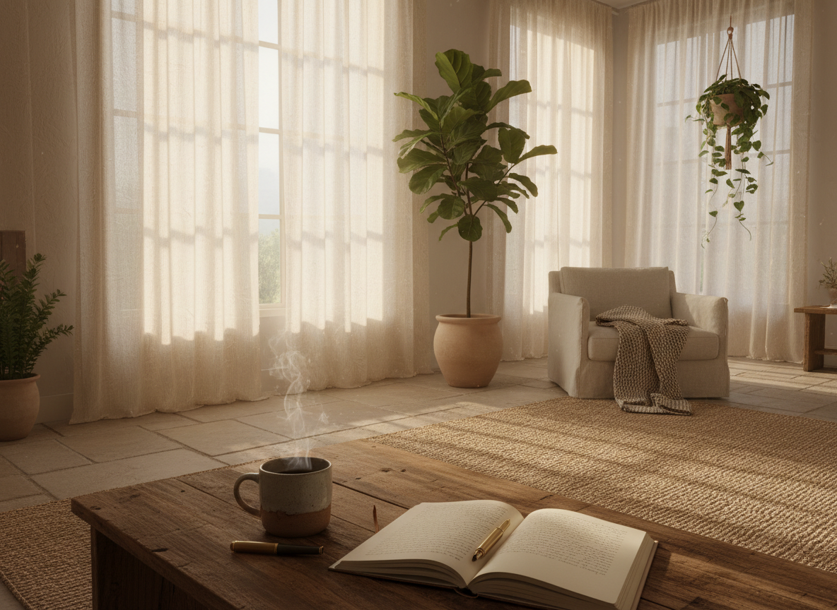 A breathtaking, high-resolution photograph representing intentional living — a beautifully styled minimalist space with warm golden sunlight streaming through large windows, a steaming cup of tea on a wooden table, an open journal with a pen beside it, lush green plants, soft linen textures, earthy neutral tones, serene and peaceful atmosphere, cinematic quality, ultra-sharp detail