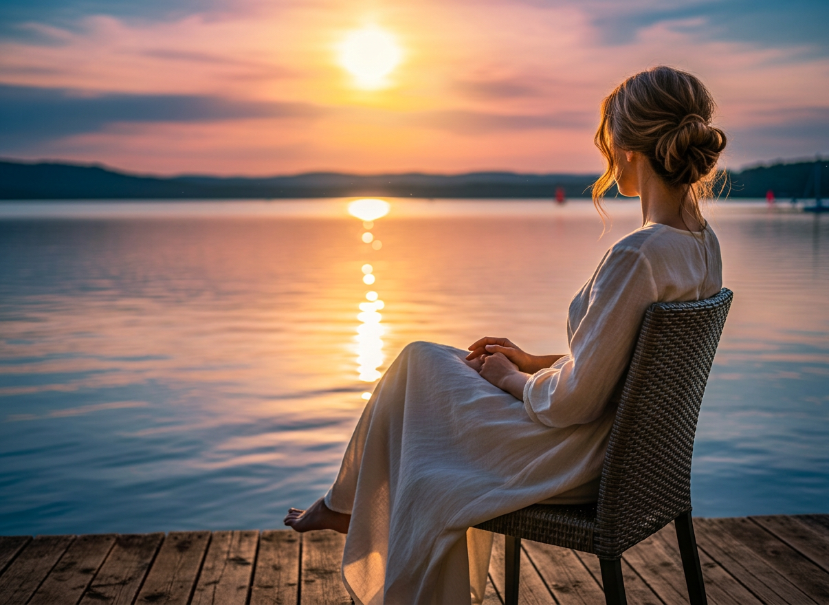 Ultra-high resolution 8K photorealistic photograph of a woman sitting gracefully on a chair, gazing peacefully at a serene body of water. The scene captures golden hour light reflecting off calm water. The woman is seen from behind or at a slight angle, relaxed posture, natural and elegant. Cinematic depth of field, hyper-detailed textures, atmospheric lighting, professional photography quality.