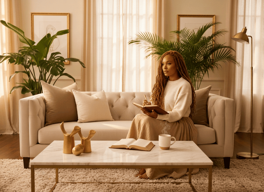 An extremely beautiful mulatto woman with light golden caramel biracial skin — half African half European complexion, glowing warm honey-toned skin. She has long lush flowing dreadlocks cascading over her shoulders. She is decently and modestly dressed in sophisticated elegant clothing in warm neutral tones. She is sitting gracefully on a plush tufted velvet sofa in an ultra-luxurious high-end living room, writing thoughtfully in her open journal with a pen. On the stunning marble centre table in front of her sits an open Bible, a beautiful ceramic mug of steaming coffee, and tasteful gold decorative objects. A tall sculptural designer floor lamp beside her casts warm golden amber light. The living room is breathtaking — cream, ivory and gold tones, deep plush velvet cushions, ornate gold-framed artwork on the walls, lush tropical indoor plants, floor-to-ceiling sheer linen curtains with soft golden natural light filtering through, a plush area rug. Striking beautiful facial features, peaceful focused purposeful expression — a woman living with intention. Intentional living theme — spiritual, calm, aspirational, meaningful. Ultra photorealistic 8K resolution, cinematic warm golden lighting, shallow depth of field bokeh, magazine editorial luxury lifestyle photography. No text in the image.