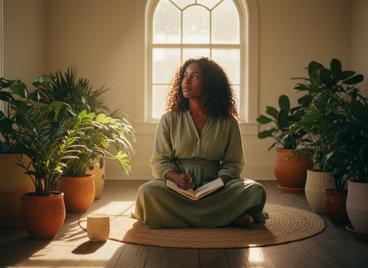 A breathtaking editorial lifestyle photograph. A Black woman sits cross-legged on a sunlit wooden floor, surrounded by lush green plants in handmade ceramic pots, an open journal in her lap, a pen resting between her fingers. She looks up toward natural light coming through a large arched window, expression soft, aware, and deeply present. She wears a flowy sage green linen dress, hair natural and free. The space is sparse and intentional — a single woven rug beneath her, a clay candle nearby, warm afternoon light washing everything in honey gold. The mood is grounded, alive, quietly powerful. Color palette: sage green, warm cream, honey gold, rich terracotta, soft white. Cinematic depth of field, film grain, editorial quality, photorealistic warm natural light.