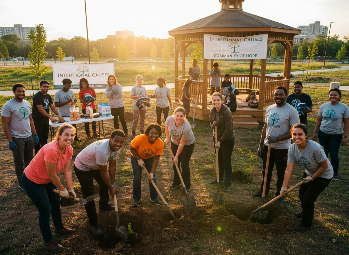 Intentional causes — a diverse group of people working together on a community project outdoors, planting trees, building, or serving others. Warm natural lighting, vibrant and hopeful atmosphere, purposeful action, faith-inspired community spirit.