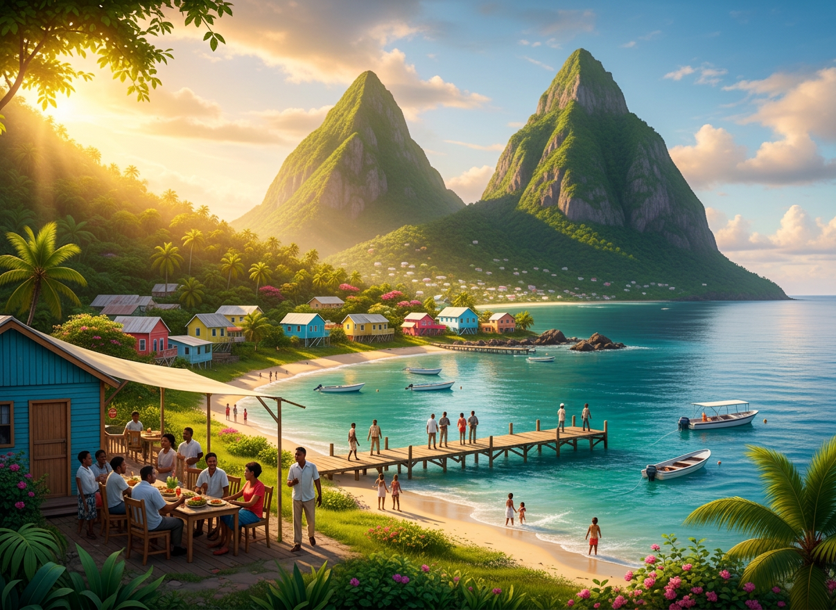A lush, beautiful Saint Lucia setting — emerald green Piton mountains rising dramatically from a turquoise Caribbean sea, tropical vegetation, warm golden sunlight, a serene coastal village with colorful buildings, people gathered in community near the waterfront. Vibrant, warm, and inviting atmosphere.