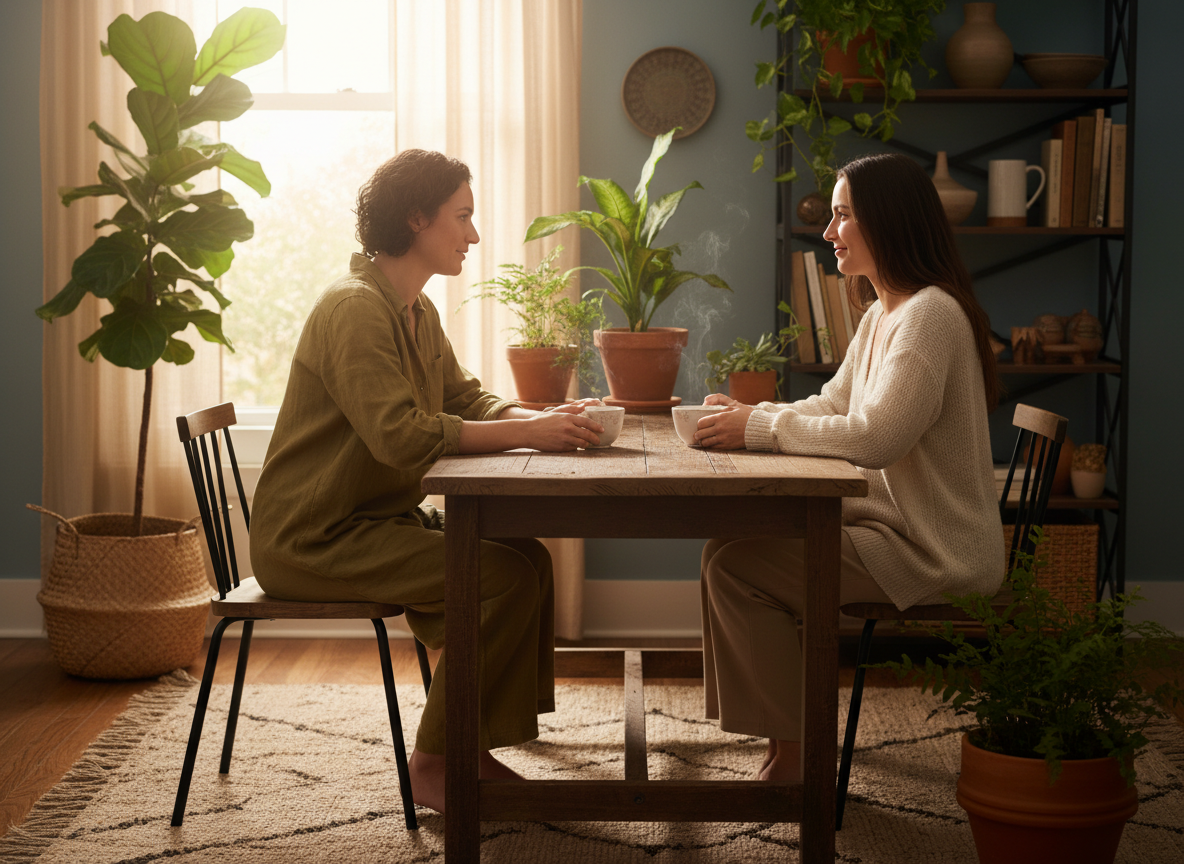 Two people having a warm supportive conversation over tea at a wooden table, gentle natural light, plants nearby, calm and compassionate atmosphere, earth tones, intentional living aesthetic