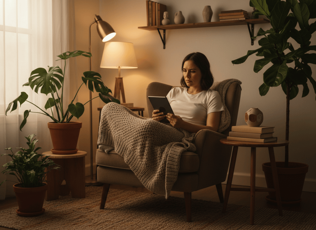 A person mindfully consuming media, watching a documentary or reading on a tablet in a cozy well-lit room, intentional and thoughtful atmosphere, warm tones, plants and natural textures nearby