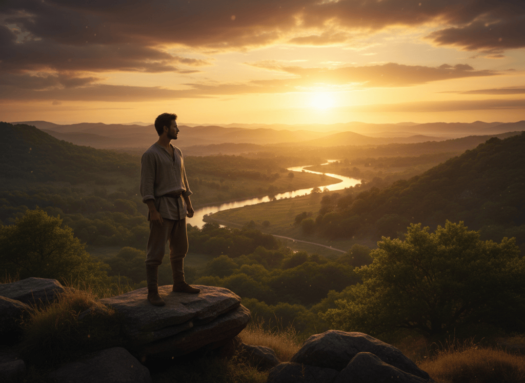 Intentional Living A person standing purposefully in a serene natural landscape at golden hour, looking toward the horizon with quiet determination, intentional and visionary mood, warm light, earth and green tones