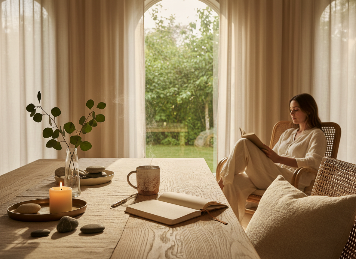 Ultra high resolution cinematic photograph of intentional living. A serene, beautifully curated living space bathed in warm golden morning light streaming through tall linen curtains. A minimalist wooden dining table with a steaming handcrafted ceramic mug, an open leather-bound journal with a fountain pen resting across it, a single fresh sprig of eucalyptus in a slender glass vase, and a small lit pillar candle casting a soft warm glow. Soft natural shadows fall across raw linen textures, aged oak wood grain, and smooth river stone surfaces. A large arched window reveals a lush verdant garden outside. A woman sits peacefully in a natural rattan chair, reading, dressed in soft cream linen. Deeply calm, purposeful, intentional atmosphere. Photorealistic, shallow depth of field, warm golden hour tones, cinematic composition, ultra sharp detail, professional lifestyle photography.