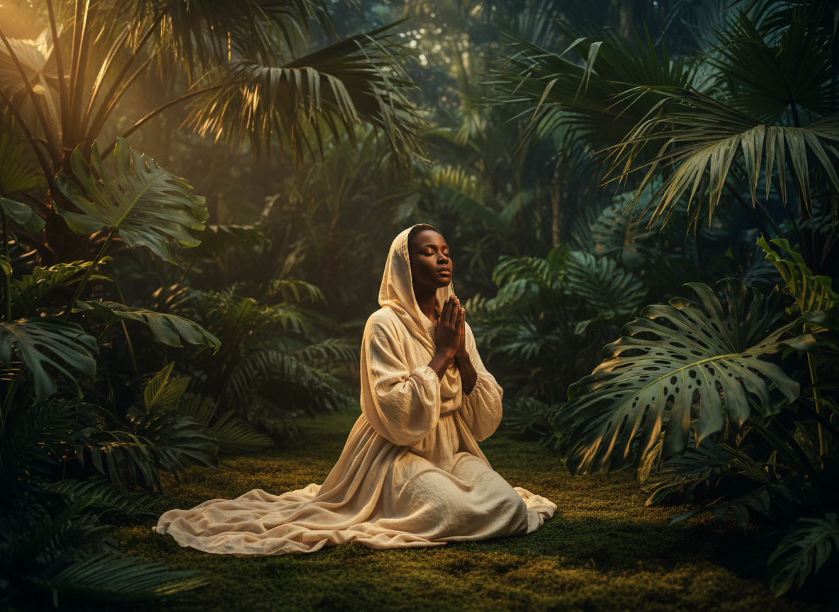 Ultra high resolution 8K cinematic image for a media page. A breathtaking, wide-format editorial photograph — rich deep emerald and forest greens blended with warm golden light streaming through lush tropical foliage. Intentional, spiritual, and elegant mood. Perfect for a wellness and intentional living brand. Ultra sharp, photorealistic detail, professional photography quality, dramatic lighting, lush botanicals, serene and powerful atmosphere.