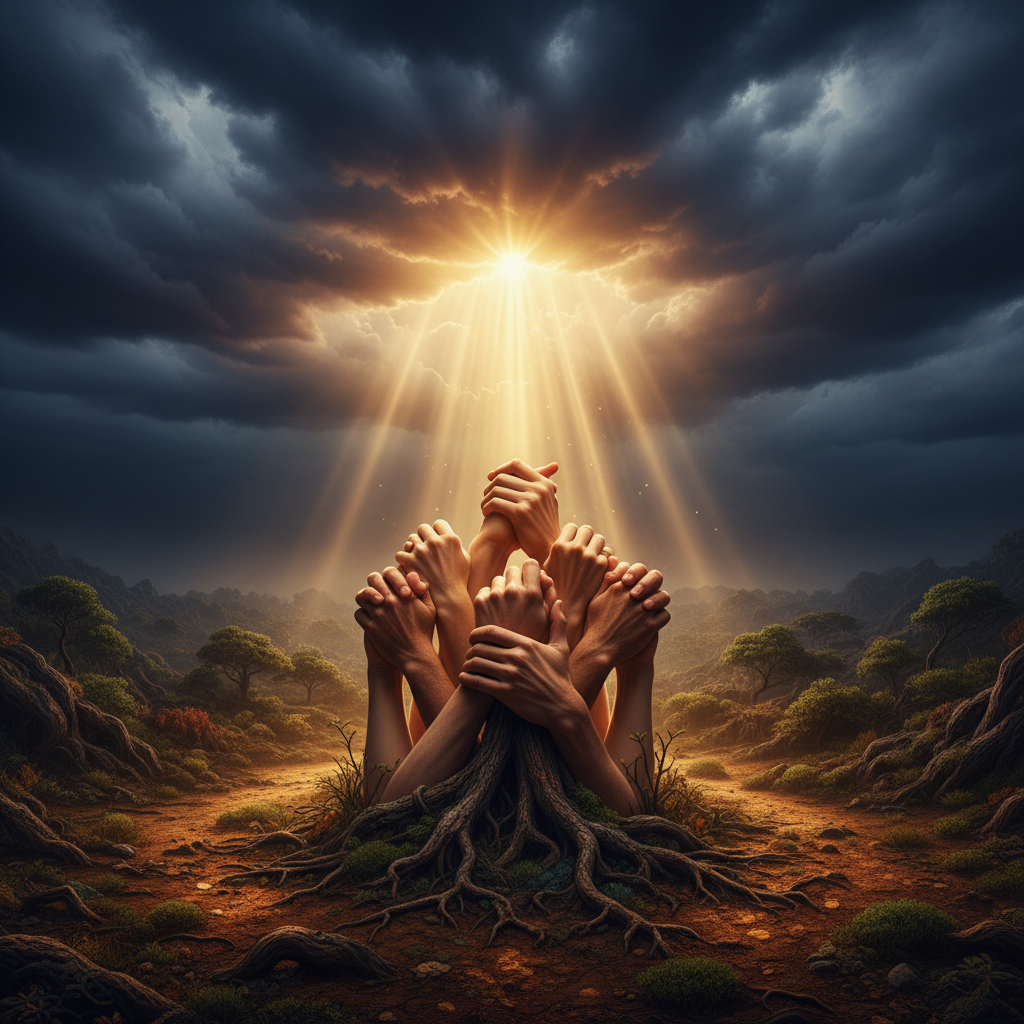 Ultra high resolution 8K cinematic photograph representing "Intentional Causes" — a powerful, purposeful scene showing diverse hands joined together reaching upward toward a radiant burst of golden light breaking through storm clouds, symbolizing collective intention, purpose-driven action, and meaningful change. Deep rich colors: deep indigo sky, warm golden light rays, vibrant earth tones. Dramatic lighting, photorealistic, ultra-detailed, high contrast, inspirational and uplifting mood, wide landscape composition.
