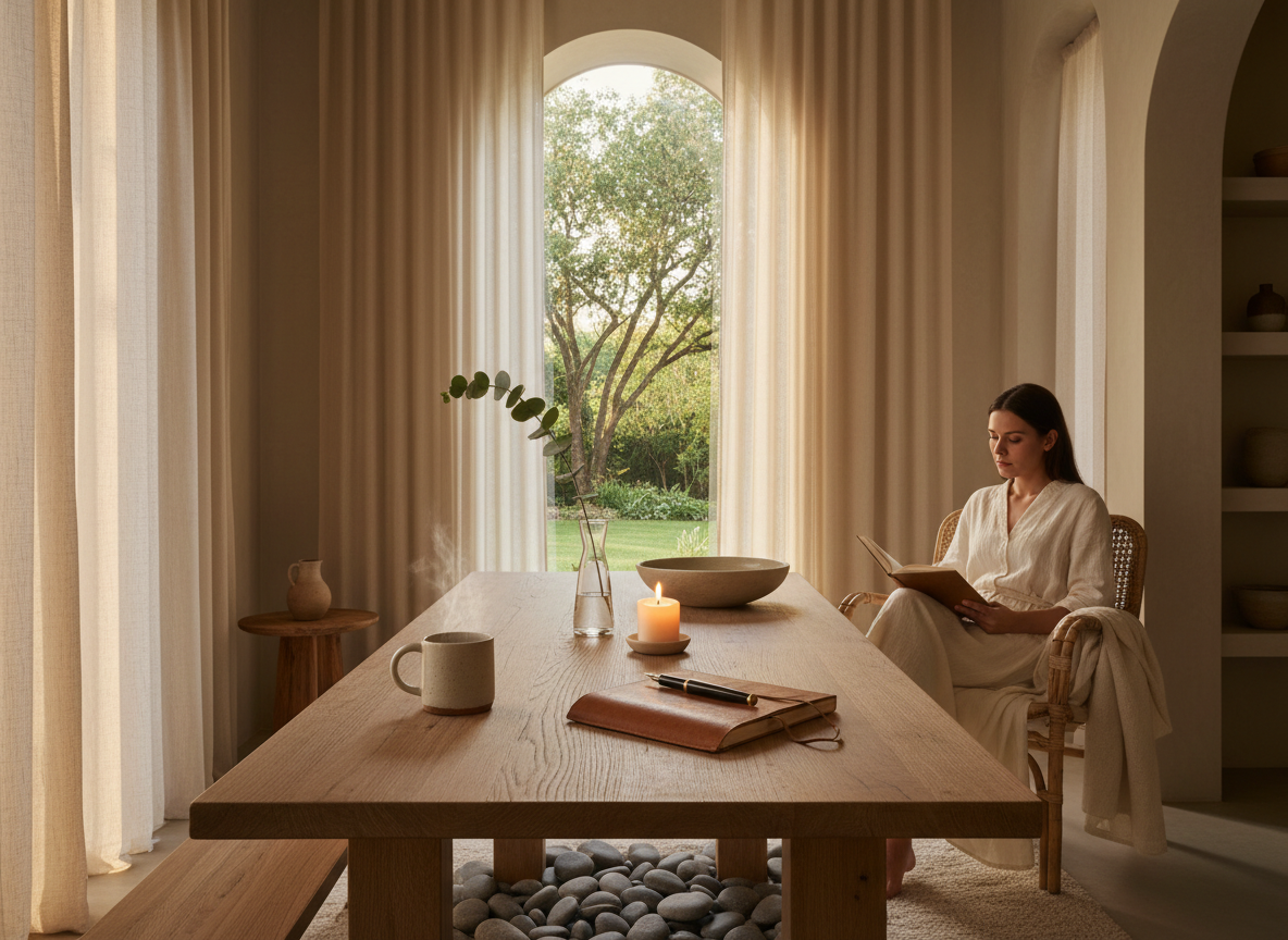 Ultra high resolution 8K cinematic editorial photograph for an intentional living publication. A breathtaking, serene and beautifully curated living space bathed in warm golden morning light streaming through floor-to-ceiling arched linen curtains. A minimalist artisan wooden dining table with a steaming handcrafted ceramic mug, an open leather-bound journal with a fountain pen resting across it, a single fresh eucalyptus sprig in a slender glass vase, and a small lit pillar candle casting a soft amber glow. Raw linen textures, aged oak wood grain, smooth river stone surfaces, and hand-thrown pottery. A large arched window reveals a lush verdant garden beyond. A woman in soft cream linen sits peacefully in a natural rattan chair, reading. Magazine-quality editorial lifestyle photography, extreme sharpness, shallow depth of field, warm golden hour tones, photorealistic, cinematic wide composition, professional publication-ready.