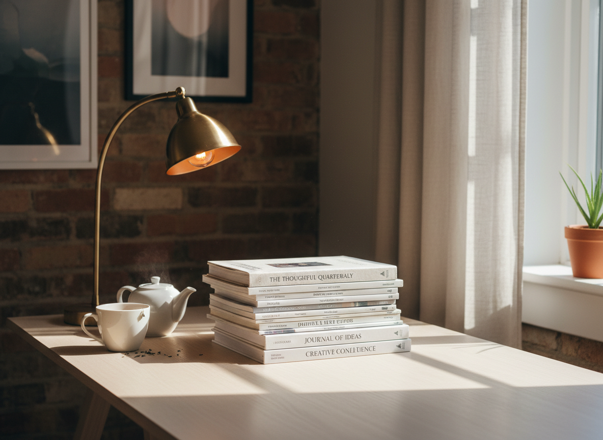 A curated stack of thoughtful publications and journals on a minimalist wooden desk with warm light
