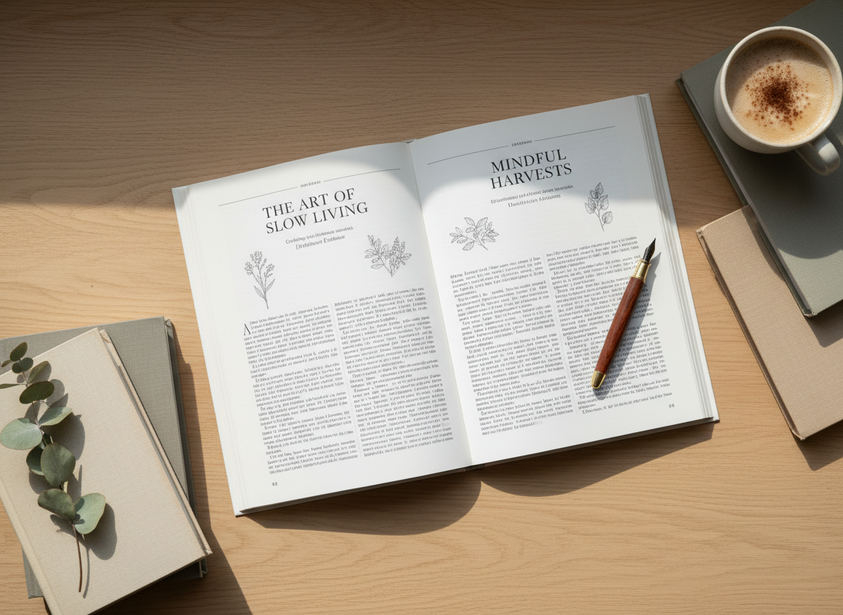 An open journal with beautifully typeset pages surrounded by books and a pen on a clean surface
