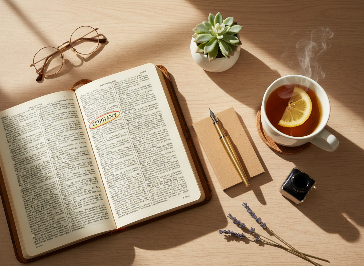 Ultra high resolution cinematic photograph of intentional living. A serene, beautifully curated living space bathed in warm golden morning light streaming through tall linen curtains. A minimalist wooden dining table with a steaming handcrafted ceramic mug, an open leather-bound journal with a fountain pen resting across it, a single fresh sprig of eucalyptus in a slender glass vase, and a small lit pillar candle casting a soft warm glow. Soft natural shadows fall across raw linen textures, aged oak wood grain, and smooth river stone surfaces. A large arched window reveals a lush verdant garden outside. A woman sits peacefully in a natural rattan chair, reading, dressed in soft cream linen. Deeply calm, purposeful, intentional atmosphere. Photorealistic, shallow depth of field, warm golden hour tones, cinematic composition, ultra sharp detail, professional lifestyle photography.