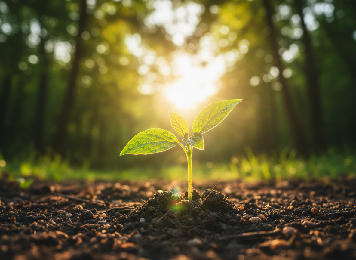 Ultra high resolution cinematic photograph representing growth. A single green seedling emerging from rich dark soil, with soft golden morning light streaming from behind, casting a warm glow. The seedling's delicate leaves are translucent and vibrant, catching the light. In the background, a lush green forest or garden is softly blurred with shallow depth of field. The composition is hopeful, upward-reaching, full of life and potential. Warm golden tones, photorealistic, professional nature photography, shallow depth of field, cinematic quality.