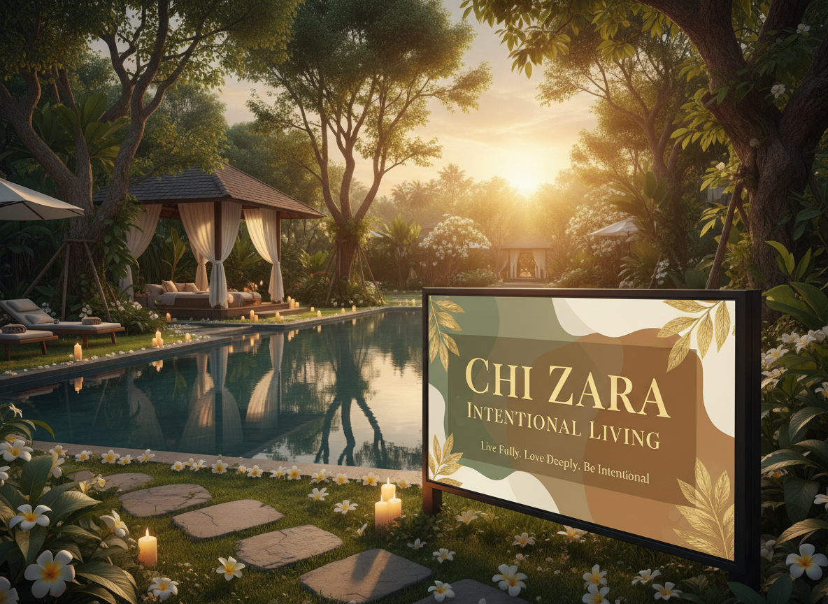 Ultra high resolution 8K photorealistic image of a breathtakingly beautiful sanctuary retreat. A serene, lush wellness retreat nestled in nature — featuring a stunning spa-like outdoor space with a tranquil infinity pool reflecting golden sunset light, surrounded by towering ancient trees, tropical botanicals, and soft flowing white linen curtains on an open-air pavilion. Stone pathways lined with candles and flowers lead through the gardens. In the foreground, a beautifully designed billboard with an intentional living theme: warm earthy tones, sage green and cream background, elegant botanical leaf illustrations framing the text "Chi Zara Intentional Living" in large, bold, clear, perfectly legible gold serif typography. Directly below in smaller but equally clear and sharp text, the slogan reads exactly: "Live Fully. Love Deeply. Be Intentional." Both lines of text are crisp, sharp, and fully readable against the background. Cinematic golden hour lighting, soft bokeh, photorealistic, 8K ultra high resolution, professional photography.