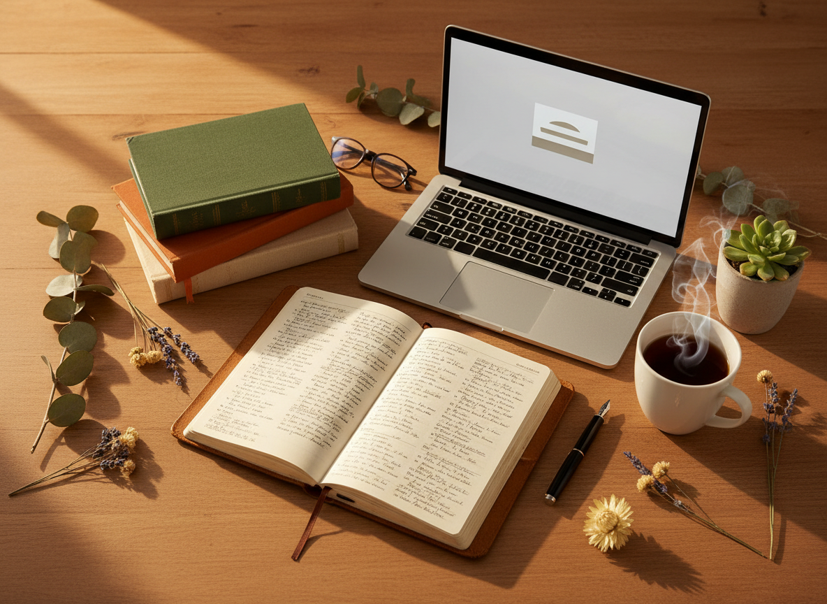 Ultra high resolution 8K cinematic image representing Intentional Resources. A beautifully curated flat lay of meaningful objects arranged on a warm natural wood surface: an open leather-bound journal with handwritten notes, a sleek modern laptop, a stack of carefully chosen books with textured spines, a steaming cup of tea in a ceramic mug, a small potted succulent, reading glasses, a fountain pen, and soft dried botanicals. Warm golden hour light streams in from the side, casting long soft shadows. The composition feels purposeful, curated, and calm — every object placed with intention. Rich warm tones, photorealistic, professional lifestyle photography, shallow depth of field on edges, ultra sharp centre focus, cinematic quality, 8K resolution.