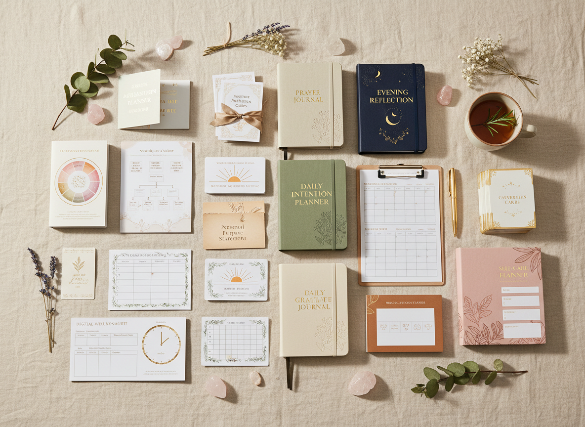 Ultra high resolution 8K photorealistic flat-lay styled product spread image featuring 19 intentional living tools elegantly arranged on a warm cream linen surface with sage green botanical accents. Each tool is a beautifully designed journal, card deck, worksheet, or planner with clear, fully legible gold serif labels. The tools displayed are:

1. Daily Intention Planner - a linen-bound journal with gold foil title
2. Prayer Journal - soft cream leather cover with pressed floral embossing
3. Gratitude Journal - sage green hardcover with gold lettering
4. Scripture Reflection Cards - a elegant card deck with ribbon
5. Morning Alignment Routine - a folded booklet with sunrise motif
6. Evening Reflection - deep navy journal with moon and stars embossing
7. Weekly Reset Checklist - a clean minimalist clipboard-style pad
8. Monthly Life Review - a spiral-bound planner with calendar grid
9. Intentional Life Wheel - a circular illustrated worksheet
10. Values Clarification Worksheet - a beautiful typographic single-page tool
11. Personal Purpose Statement - a scroll-style elegant parchment card
12. Goal-to-Action Map - a flowchart-style planner spread
13. Decision Alignment Filter - a structured decision matrix card
14. Priority Planner - a clean ranked list planner with gold accents
15. Time Audit - a circular clock-style wheel worksheet
16. Habit Tracker - a grid-style tracker with botanical border
17. Habit Reset Tool - a fresh start worksheet with sunrise motif
18. Boundary Builder - a structured boundary-setting guide
19. Emotional Check-In - a feelings wheel card with soft watercolor

All items are arranged artfully in a flat-lay composition with soft natural morning light, scattered dried botanicals (eucalyptus, lavender), small crystals, a gold pen, and a warm cup of tea. Color palette: warm cream, sage green, muted gold, blush, ivory. Text on each tool is crisp, sharp, fully legible. Professional product photography, 8K ultra high resolution, cinematic styling, shallow depth of field.