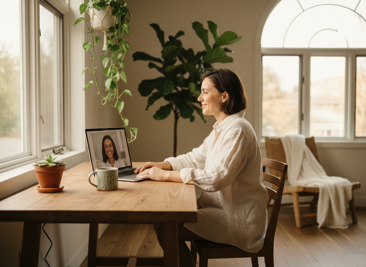 Intentional Living Ultra high resolution 8K cinematic photograph representing intentional living customer service. A warm, serene scene of a person sitting peacefully at a natural wood desk in a sunlit, plant-filled room, speaking warmly with someone via a soft-glowing laptop screen. The space feels mindful and curated — linen textures, a ceramic mug, a small plant, soft natural light pouring through a large window. The mood is calm, present, and genuinely caring. Earthy, grounding tones: warm cream, sage green, soft terracotta, warm wood. Intentional, slow-living aesthetic. Photorealistic, professional photography style, shallow depth of field, cinematic quality, 8K ultra high resolution.