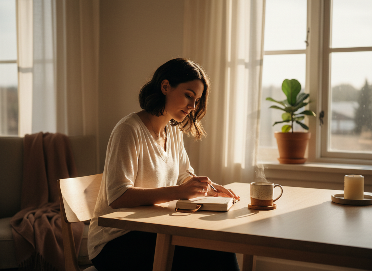 Ultra high resolution 8K cinematic image of intentional living reflections. A woman sits at a minimalist wooden desk near a large window, journaling in the warm glow of early morning light. Her coffee steams gently beside her. The room is calm and beautifully curated — soft linen textures, a small indoor plant, a single candle. The mood is deeply introspective and intentional. Soft neutral tones — cream, warm whites, dusty rose, and muted terracotta. The scene feels like a sacred morning ritual. Photographic quality, shallow depth of field, cinematic light, 8K resolution, ultra-sharp detail.