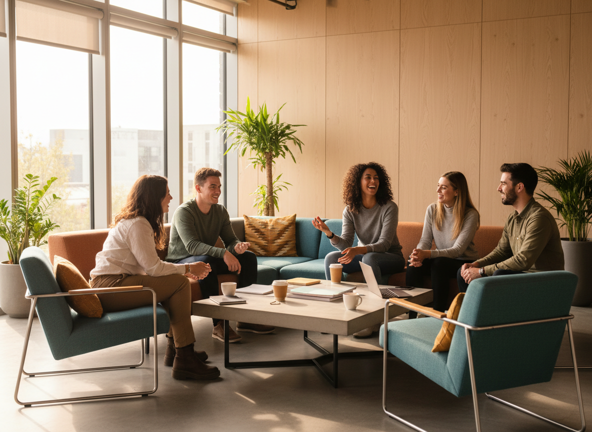 A modern, vibrant photo of diverse young adults in their mid-20s to early 30s sitting together in a bright, contemporary space — laughing, talking, and genuinely connecting. Clean aesthetic with natural light, warm tones, and a sense of community and support. No text overlay.