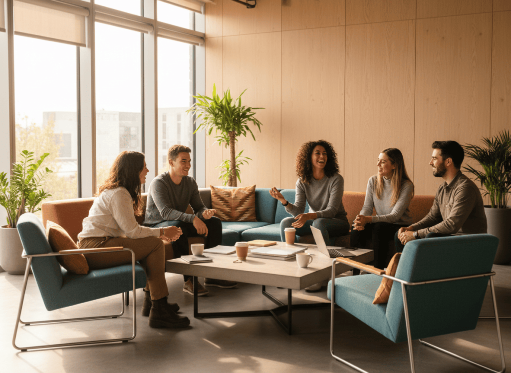 A modern, vibrant photo of diverse young adults in their mid-20s to early 30s sitting together in a bright, contemporary space — laughing, talking, and genuinely connecting. Clean aesthetic with natural light, warm tones, and a sense of community and support. No text overlay.
