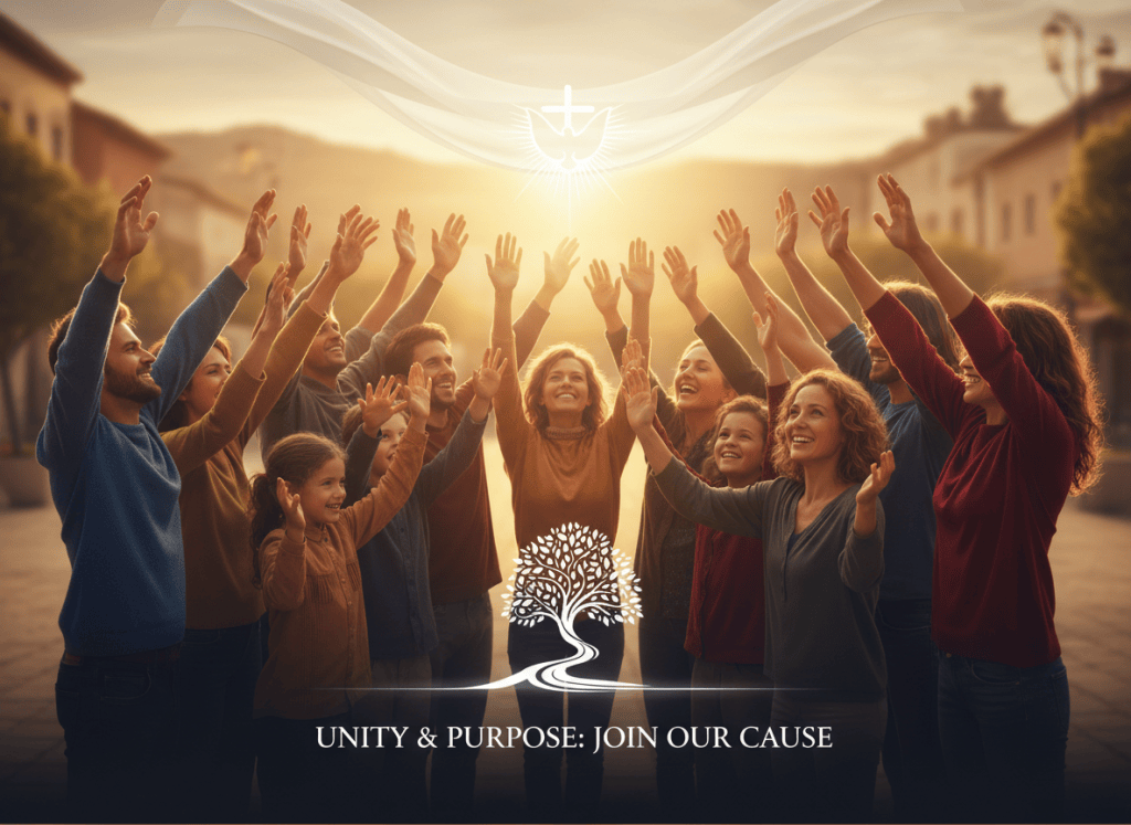 A wide, inspiring banner image representing campaigns and causes — people coming together, raised hands, community action, warm and purposeful lighting, faith-inspired and hopeful tone. Rich colours, clean professional composition suitable for a ministry and community website.
