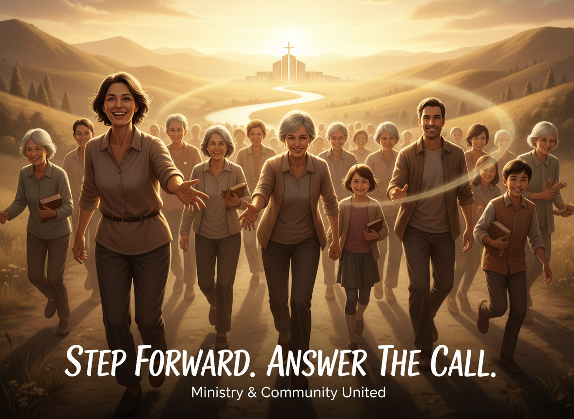Calls to action — bold, purposeful energy, people stepping forward, responding, taking action — warm and faith-inspired tone, suitable for a ministry and community website. Wide banner composition showing community members moving with determination and hope.