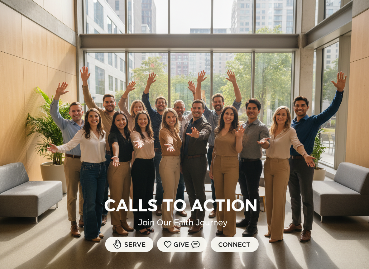 Modern, photorealistic wide banner image for a "Calls to Action" section on a faith-based community and ministry website. Show a diverse group of real people in a bright, contemporary urban or community space — confident, purposeful expressions, some with hands raised or reaching forward. Natural lighting, warm tones, documentary photography style. No illustrations, no painterly or abstract effects. Professional quality, wide landscape format.