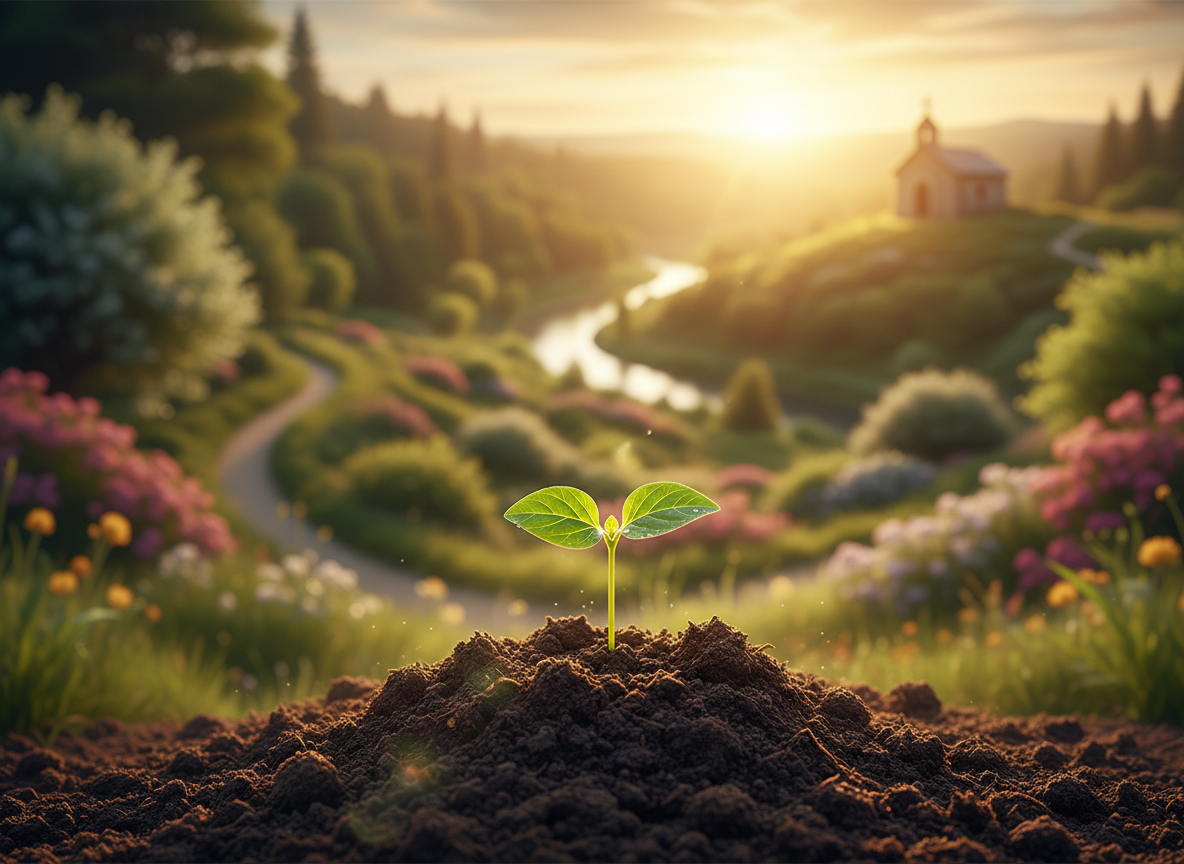 A serene, uplifting landscape symbolising growth and faith — a young seedling emerging from rich soil in warm golden light