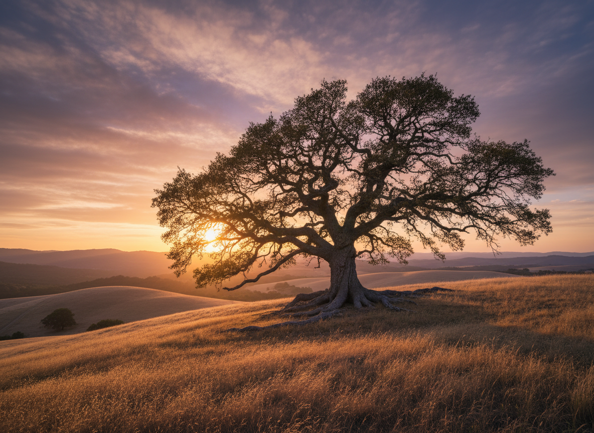 A lone ancient tree on a vast hill at golden hour, roots gripping the earth, branches reaching into a breathtaking amber and violet sky with rays of sunlight breaking through the clouds