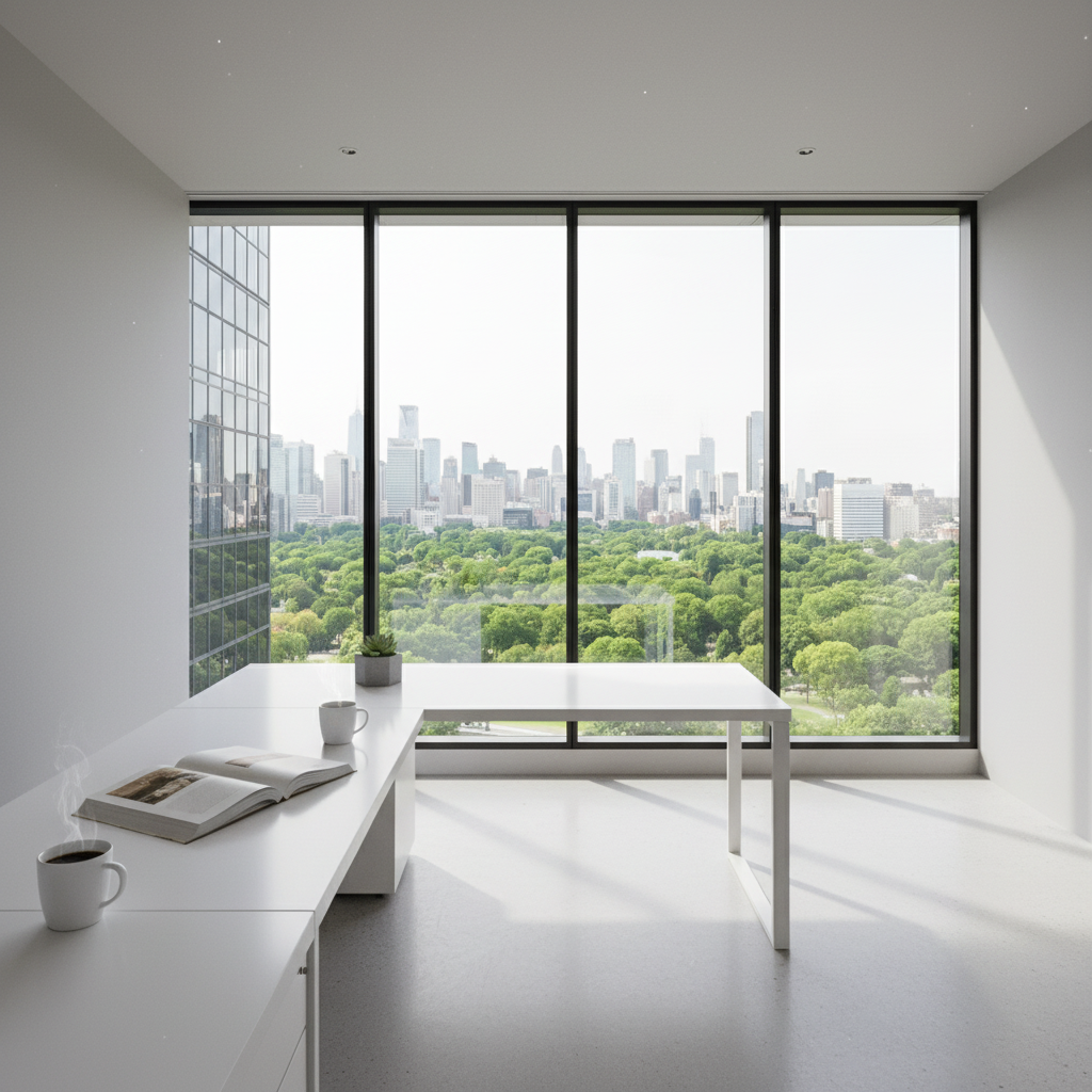 Ultra high resolution 4K modern photo of a minimalist open workspace with a sleek desk, an open book, a cup of coffee, and soft natural light streaming through a floor-to-ceiling window overlooking a lush green city — clean, contemporary, aspirational