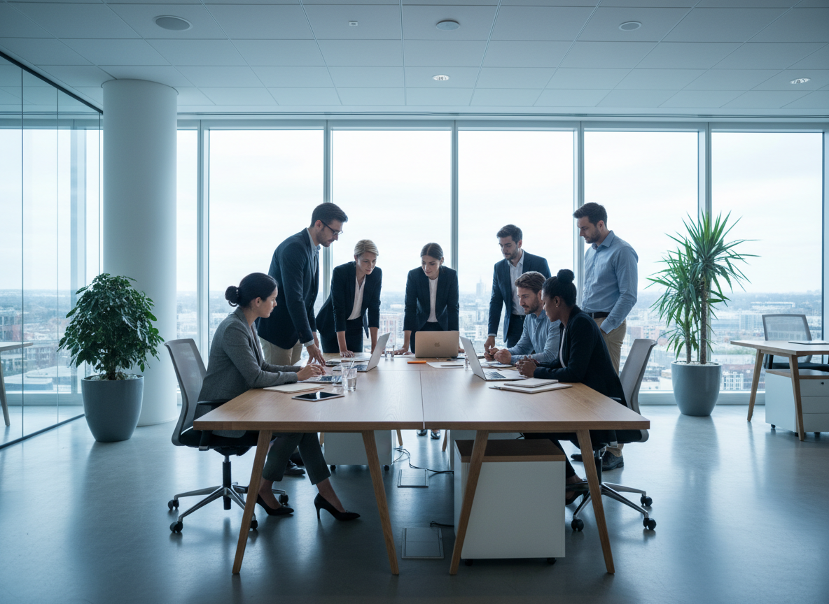 Ultra high resolution 4K modern photo representing leadership and influence — a confident person standing at the front of a bright, open room, warm natural light streaming through large windows, others attentively gathered around, an atmosphere of trust, vision, and servant leadership, clean minimalist aesthetic, aspirational and Christ-centered tone, cinematic depth of field