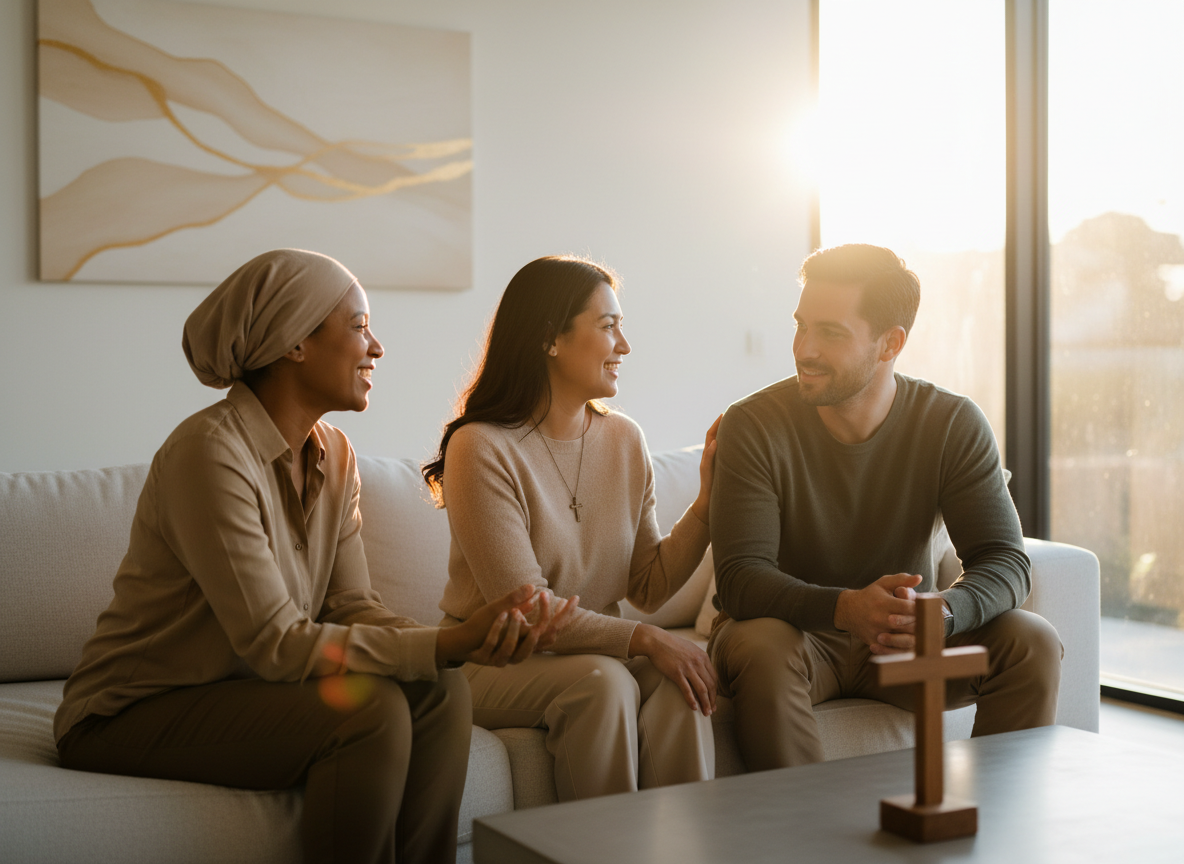 Authentic human relationships — people in warm, genuine conversation in a bright sunlit space