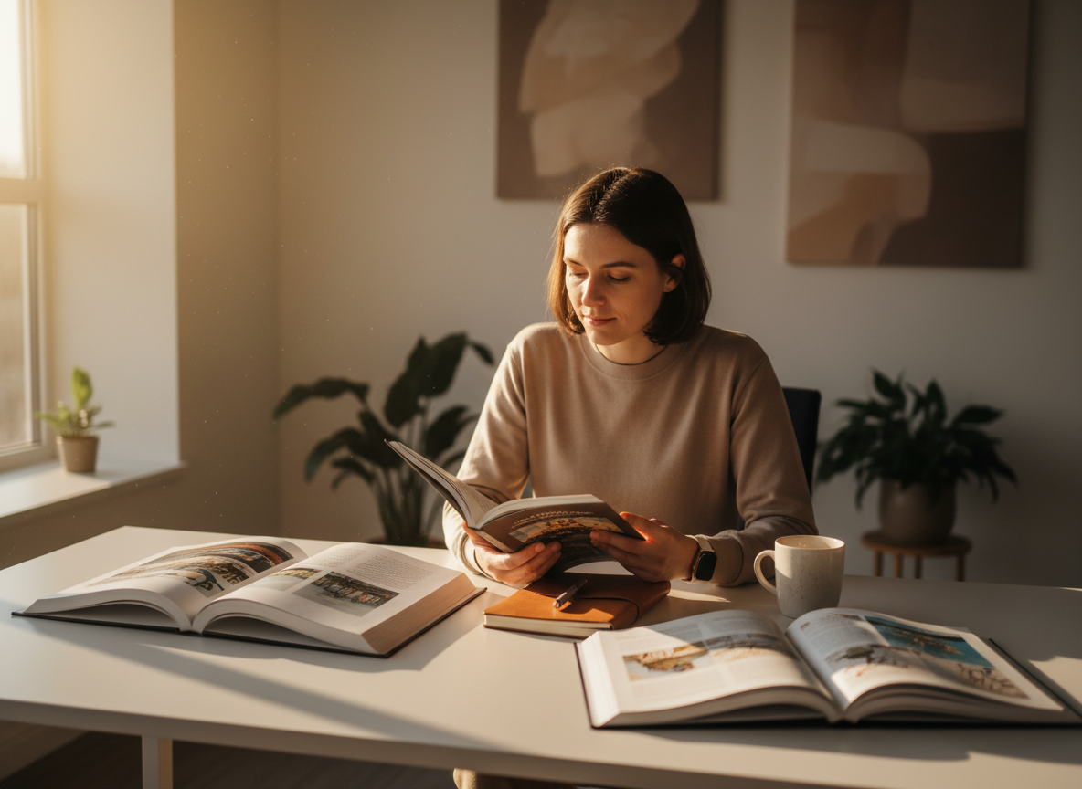 A person reading and studying in a bright minimal space with warm natural light, open books and a journal nearby, calm focused atmosphere