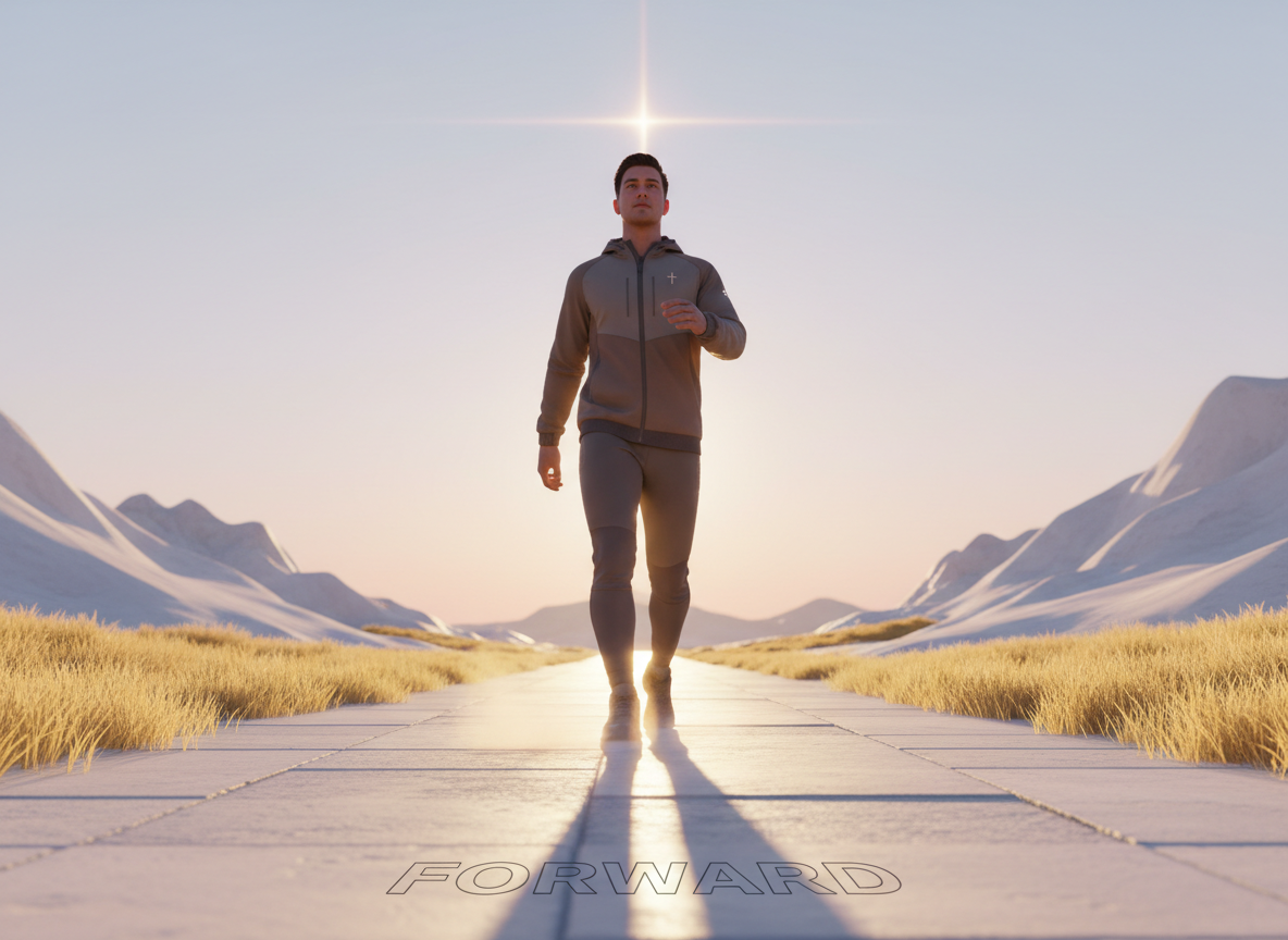 A determined person taking a purposeful step forward on a bright open path, warm natural light, strong sense of direction and forward motion