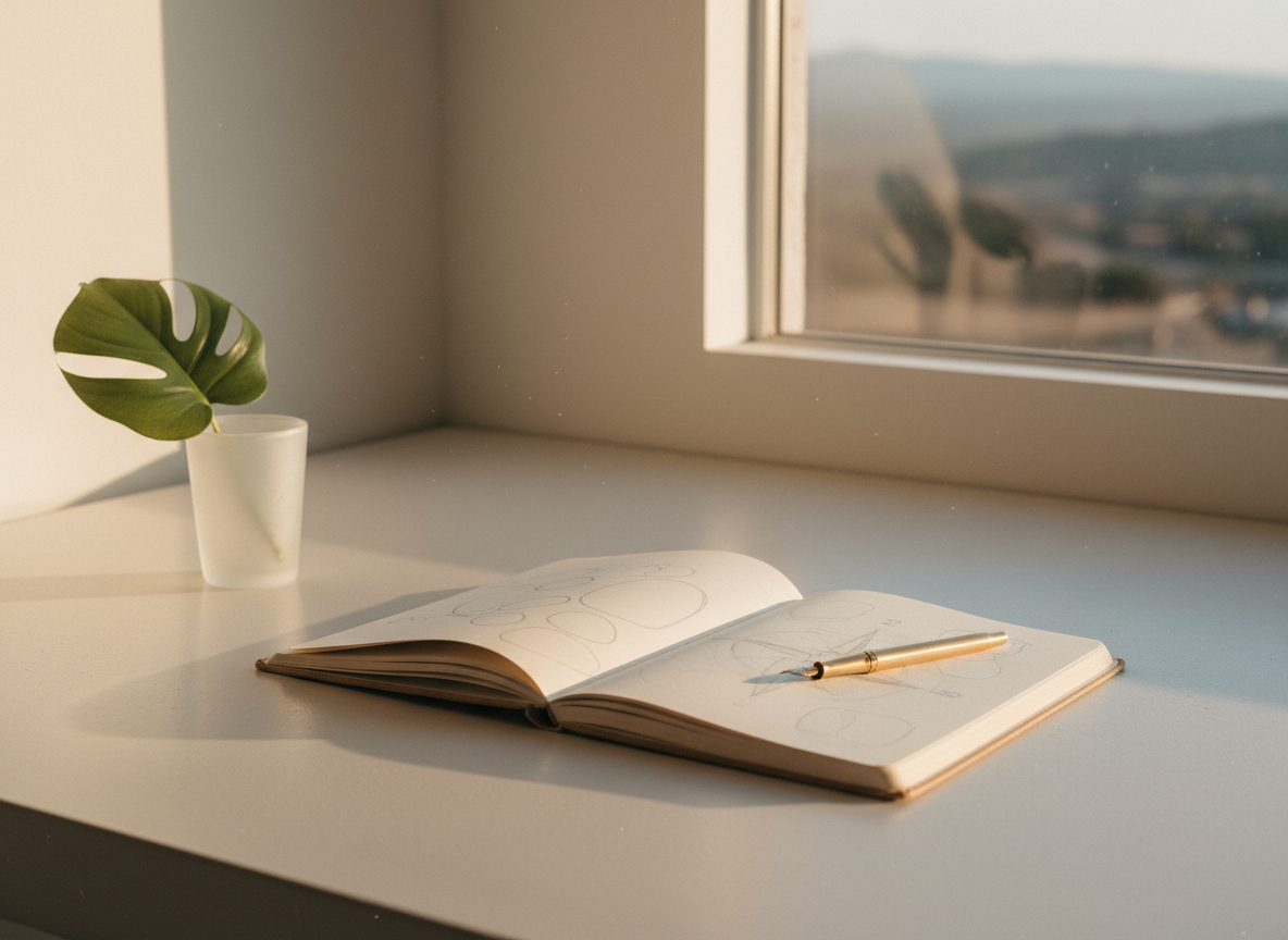 Ultra-modern photography of an open journal or notebook on a clean bright minimalist desk with soft warm natural light streaming across the page. Sense of curiosity, possibility, and aspiration. Minimal aesthetic with negative space. Golden hour warm light creating soft shadows. Inspirational and peaceful scene suggesting discovery and growth.