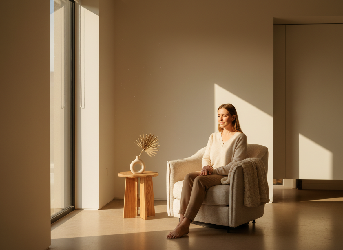 A person sitting peacefully in a bright sunlit room, soft golden light, calm and hopeful atmosphere — conveying care, safety and support