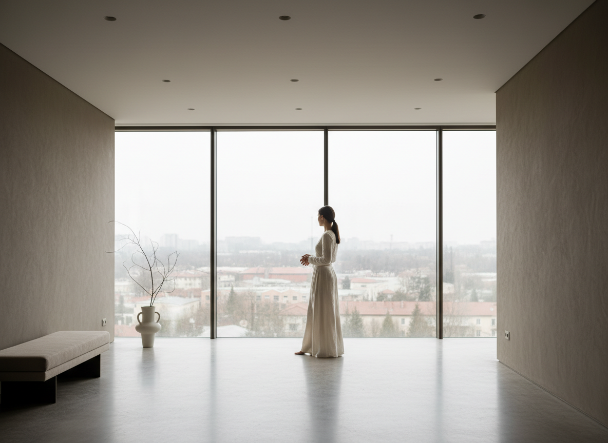 A modern, minimalist image of a person standing in a sleek, contemporary space with large floor-to-ceiling windows, clean lines, soft natural light streaming in. Calm, intentional, purposeful mood. Muted tones — white, warm grey, soft beige. Editorial lifestyle photography aesthetic, 4K quality.