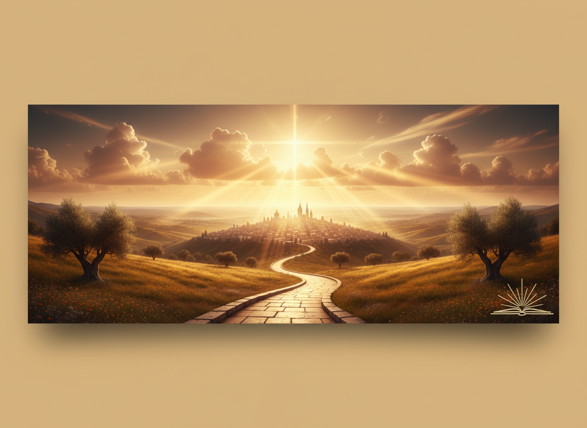 A wide, cinematic, faith-inspired landscape image representing vision and purpose. Open skies with warm golden light breaking through clouds over a vast horizon.