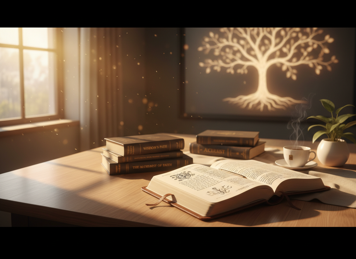 Chi Zara Resources — an open Bible on a warm wooden desk with books, tea, and soft natural light