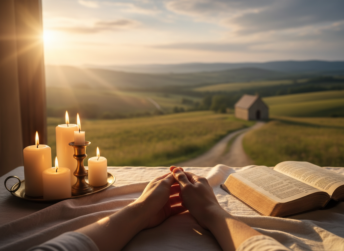 Chi Zara Prayer Resources — hands clasped in prayer with candlelight and open Bible