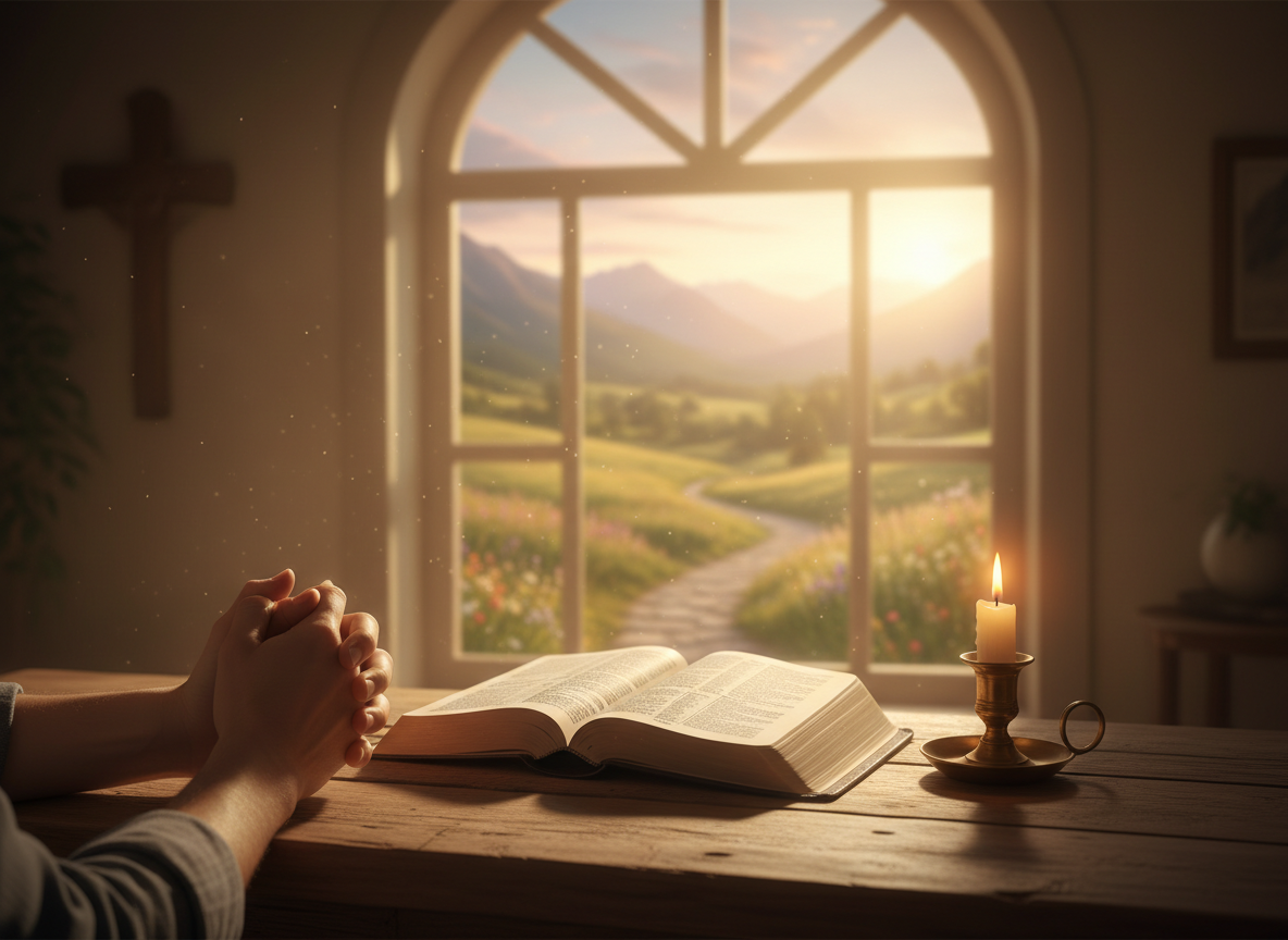 Chi Zara Prayer Resources — soft golden morning light streaming through a window onto an open Bible with hands in prayer