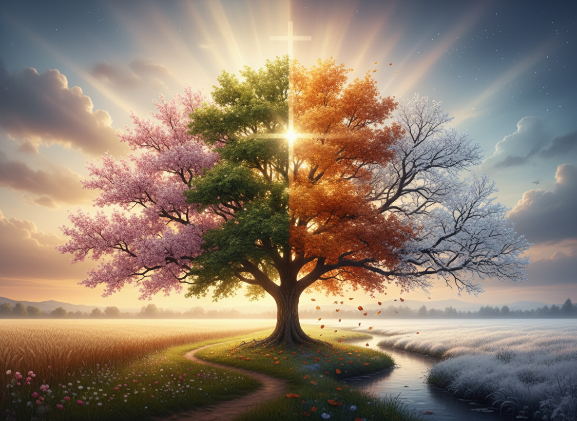 A wide, cinematic, faith-inspired landscape representing life's seasons — a single tree shown across four seasons: spring blossoms, summer lushness, autumn gold, and winter bare branches, set against a sweeping sky with warm golden light. Peaceful, reflective, and deeply spiritual in tone. Wide format.