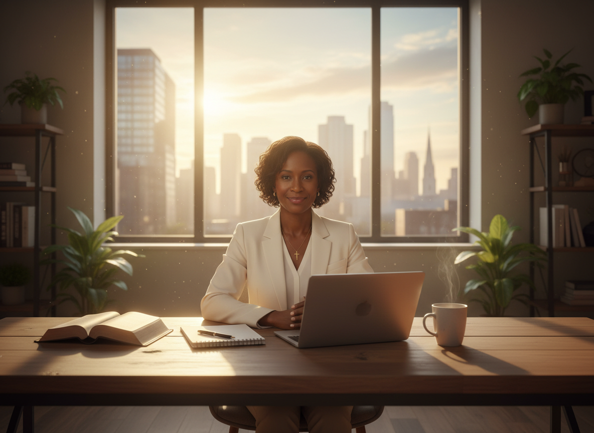 Work, Business and Leadership — a faith-grounded professional woman at a sunlit desk with Bible and laptop