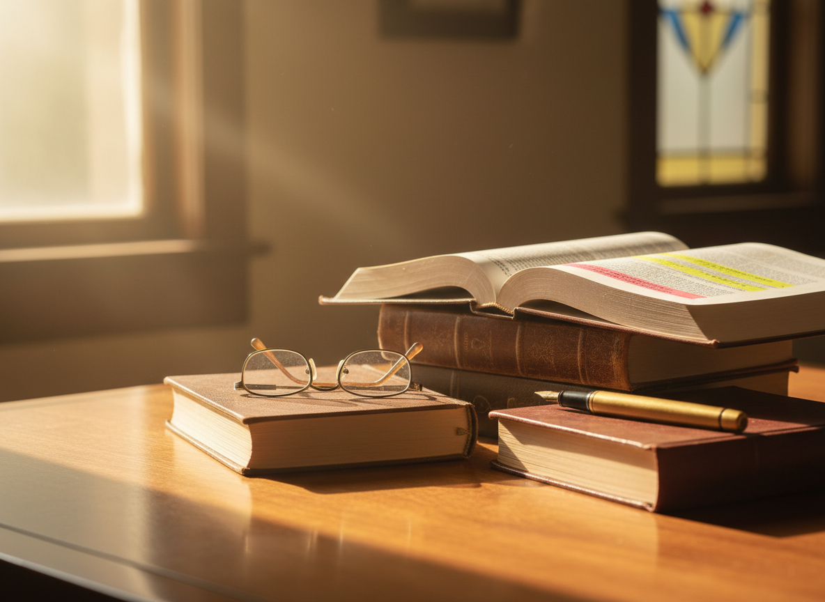 A stack of books and journals on a warm wooden desk with soft natural light, pen, reading glasses and open scripture — representing Publications