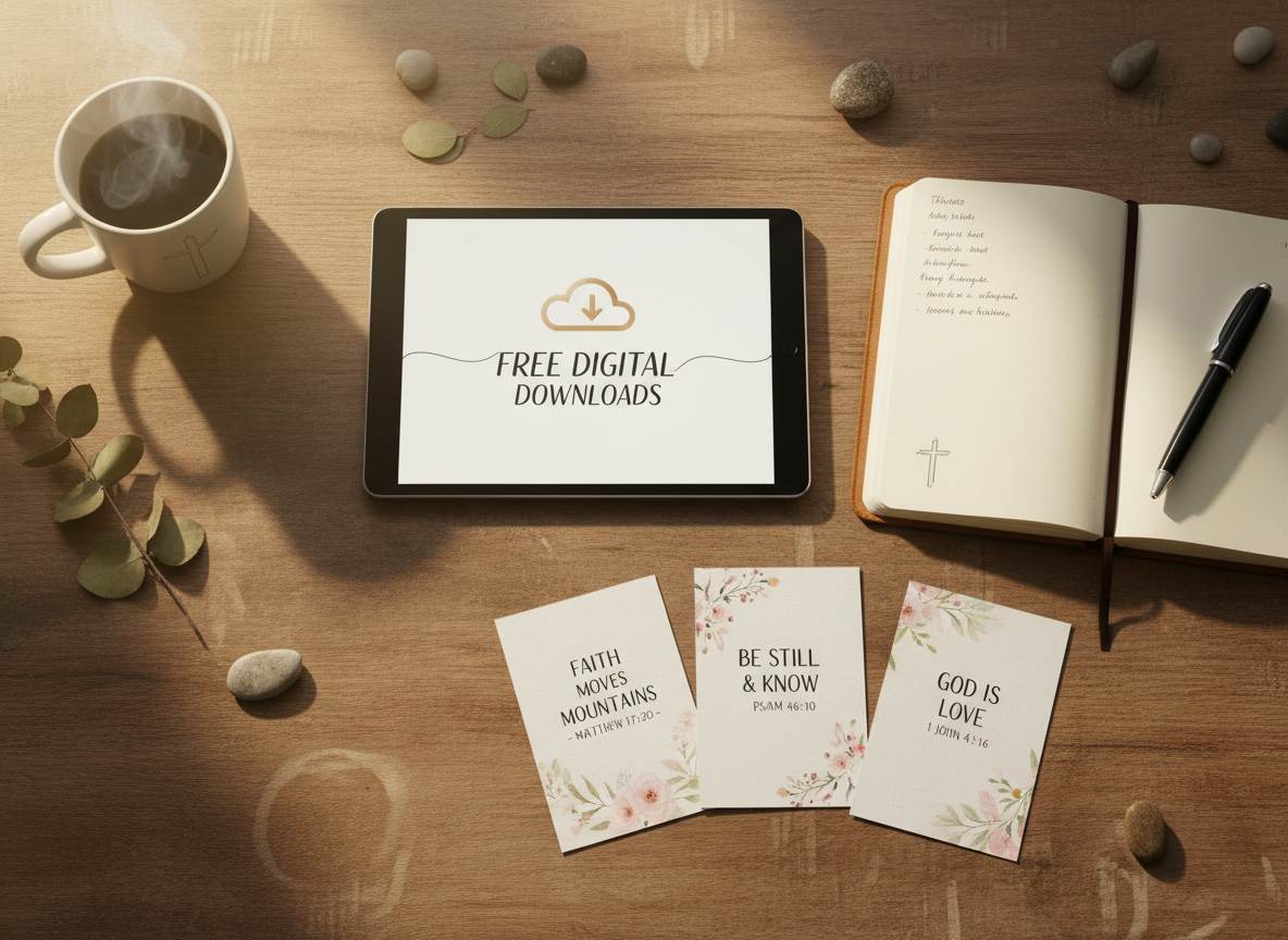 A warm, faith-inspired wide image representing free digital downloads — a flatlay of a tablet, open journal, printed scripture cards, and a pen on a wooden desk with soft golden morning light