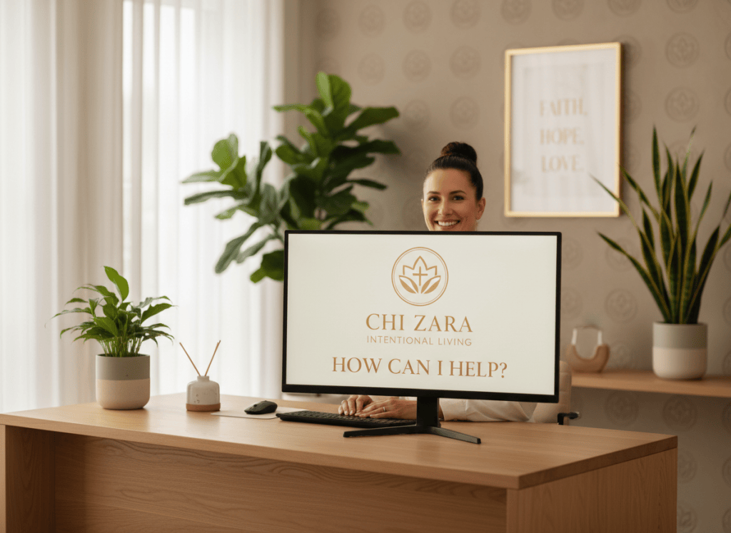 Ultra high resolution 8K photorealistic image of a warm, professional help desk at Chi Zara Intentional Living. A friendly, approachable customer service representative sits at a sleek modern desk, smiling warmly at the camera. The computer monitor prominently displays the Chi Zara Intentional Living logo and name, with the text "How can I help?" shown clearly on screen. The office environment is calm, intentional, and elevated — warm neutral tones, soft natural lighting, clean contemporary design. Subtle Chi Zara branding visible in the background. The overall atmosphere is welcoming, professional, and faith-inspired. Photorealistic, sharp detail, cinematic lighting.