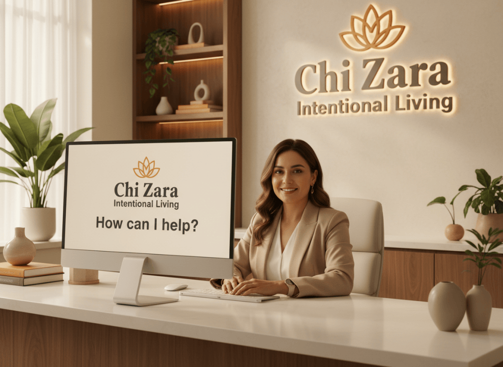 Ultra high resolution 8K photorealistic image of a professional help desk at Chi Zara Intentional Living. A friendly, warm customer service representative sits at a sleek modern desk, smiling at the camera. The computer monitor on the desk has a clean, bold screen displaying the Chi Zara Intentional Living logo and name in sharp, crisp, clearly legible typography — the text "Chi Zara Intentional Living" is large and perfectly readable. Beneath the logo, the screen clearly shows the message "How can I help?" in large, bold, sharply rendered text — fully legible, no blur. On the wall behind the representative, a sign or framed branding reads "Chi Zara Intentional Living" in sharp, bold, clearly readable letters. The office is calm, elegant, warm-toned with soft natural light. Photorealistic, cinematic lighting, razor-sharp detail throughout.