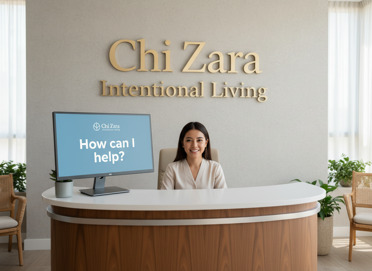 Chi Zara Intentional Living help desk with sharp text on the wall reading 'Chi Zara Intentional Living' and the computer screen clearly showing 'How can I help?'
