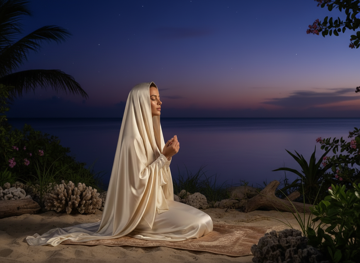 Ultra-modern cinematic photograph of a strikingly beautiful woman with a flowing elegant silk head covering in soft white, kneeling in serene evening prayer on a natural, untouched Caribbean beach. Authentic natural beach scene — rough coral rock formations, natural seagrass, weathered driftwood, wild tropical vegetation, raw powdery sand. No artificial elements. Deep twilight sky, indigo and violet hues, stars beginning to appear, calm ocean reflecting the night sky. No candles. No artificial lighting. Her features are flawless and radiant. Wide landscape composition, photorealistic, ultra high resolution, cinematic lighting, spiritual and breathtaking mood.