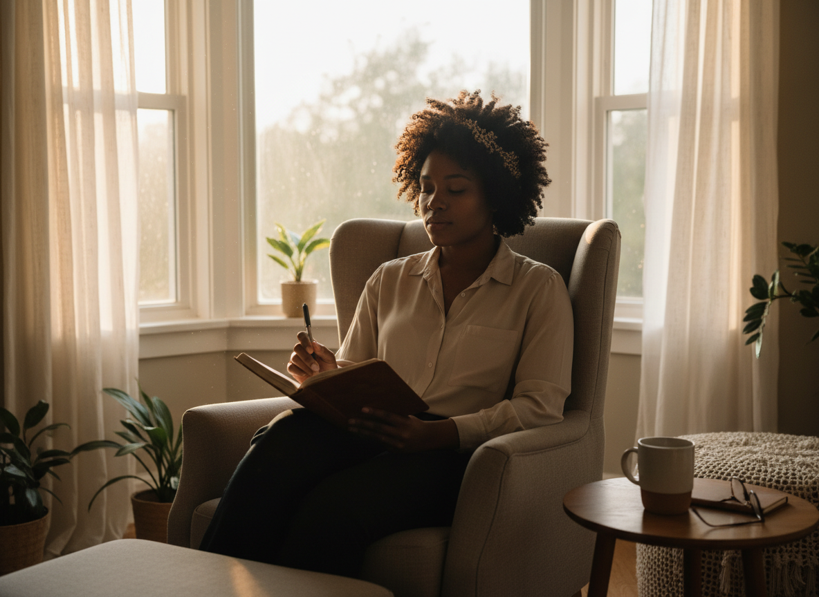 A serene, moody image representing deep personal reflection — a Black woman with natural hair sitting quietly near a window with soft warm light, journal in hand, eyes closed, in a moment of stillness and inner contemplation. Calm, soulful, and intentional.